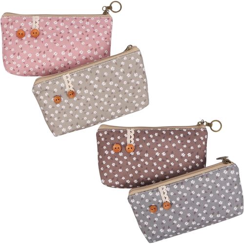 ERYI-(Lot De 4 Trousses Pour Enfants & Adultes En Toile Fleurie - Pochette Tissu Zippée Pour L`École, Fournitures De Bureau, Cosmétiques, Maquillage, Fournitures Art & Voyages
