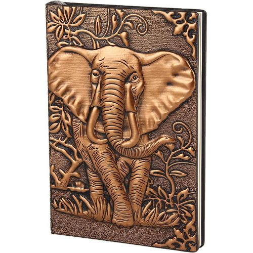 Eryi-A5 Carnet Ligné Couverture Rigide, Ancien Journal Intime Vintage Cuir Notebook Lined Cahier De Voyage Calepin Bloc Notes Fait Main, Beau Cadeau Homme Femme Ado 3d Éléphant Cuivre