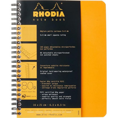 Eryi-193428c - Cahier À Spirale (Reliure Intégrale) Notebook Orange - A5+ 16 X 21 Cm- Petits Carreaux - 160 Pages Détachables - Papier Clairefontaine Blanc 80 G/M² - Couverture Souple Et Résistante