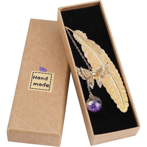 ERYI-Marque Page De Plume En Métal Avec Papillon Et Fleur Sèche Éternelle Perles De Verre Pendentif, Cadeau Pour Adultes, Enfant, Lecteur, Étudiant, Plume D'Or Fleur D'Pourpre