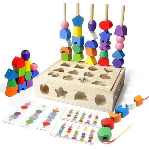 ERYI-Jeux Montessori 2 3 4 Ans, Jouet Enfant 2 En 1 Pédagogique Empilable Jouet Y Assortis Aux Formes Jouets, Enfiler Perles Jouet En Bois D'Activité Et De Développement, Cadeau Garçons Et Filles