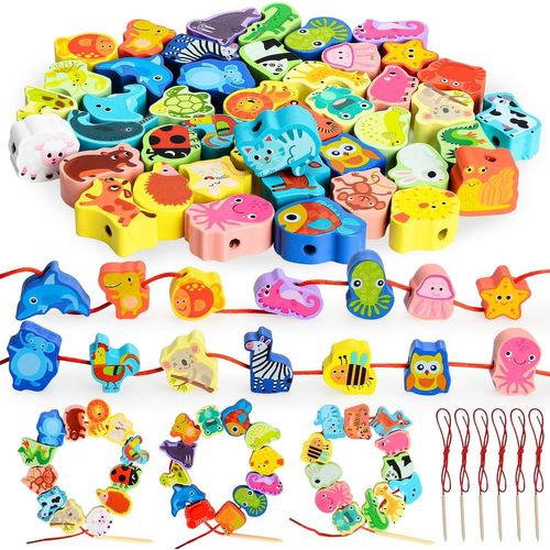 ERYI-Jouet Montessori Enfiler En Bois Enfant 2 Ans, Perle A Enfiler Enfant Avce 44Pièces Animal Perles En Bois, Jouets Puzzle Jeu Éducatif Cadeau Noel Pour Fille Bebe 2 3 4 Ans