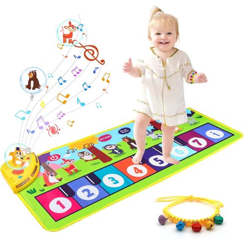 ERYI-Tapis Piano Bebe Avec 10 Mélodies 8 Sons Animaux Tapis Musical Enfant 1-5 Ans 80X30Cm Antidérapant Pliable Jouet Musicaux Éducatif Avec Bracelet Clochettes Pour Cadeau De Noël Anniversaire
