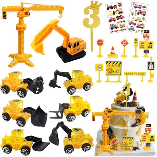 ERYI-Decoration Gateau Anniversaire, Jouet Enfant 3 Ans Garcon, 20 Pièces Tracteur Enfant Deco Gateau Anniversaire Camions En Métal Et En Plastique, Cadeau 2 Ans Garcon