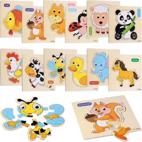 ERYI-Puzzle Bois Enfants, 12 Pièces Puzzle Jeux Educatif Animaux, Montessori Puzzles Jouet, Jeux Puzzles Enfant 1 2 3 Ans, Animaux Jigsaw Puzzle Pour Garçons Filles