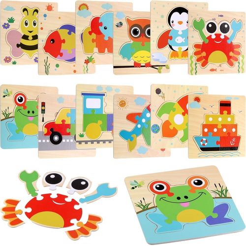 ERYI-Puzzle Bois Enfants, 12 Pièces Puzzlee Jeux Educatif Animaux, Montessori Puzzles Jouet, Jeux Puzzles Enfant 1 2 3 Ans, Animaux Jigsaw Puzzle Pour Garçons Filles (B)