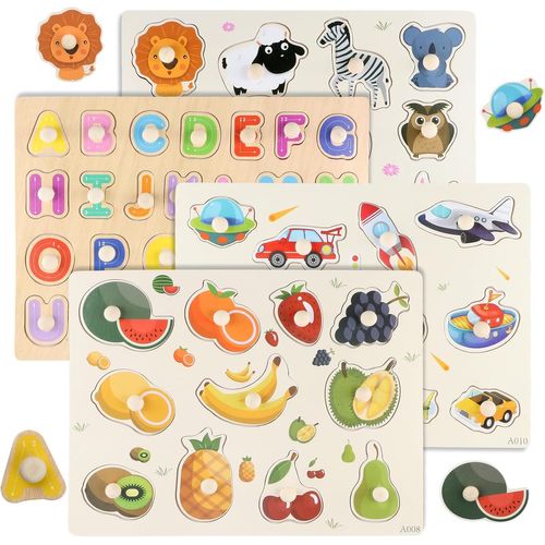ERYI-4 Pièces Puzzle Enfant 2 3 Ans, Jouet En Bois Fille Garcon, Puzzle Bois Montessori 1 An, Puzzle Bois Bouton Jeuets Educatifs Apprentissage Pour Bébés 2 3 4 Ans, Alphabet Forme Véhicules Fruit An
