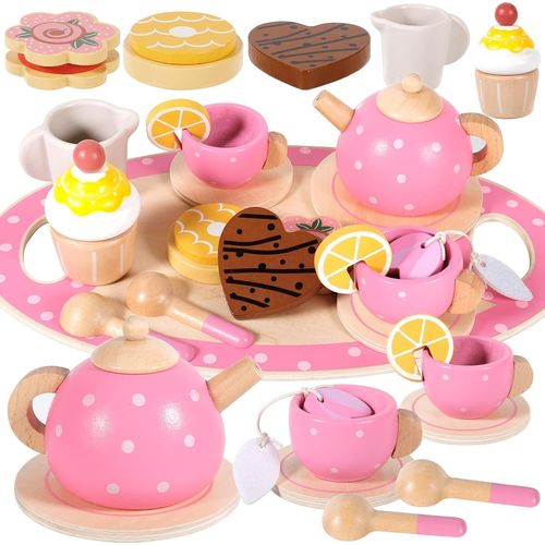 ERYI-Services À Thé En Bois,Service À Thé Jouets Montessori,Dînette Enfant Accessoire Jeux De Cuisine,Jouet De Cuisine En Bois Faisant Semblant Pour Enfants Filles 3 4 5 6 7 Ans,Rose