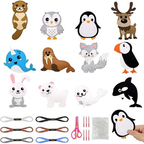 ERYI-12 Pcs Kit De Couture Enfant, Kits De Couture En Feutre De Couture Animaux Pour Enfants À Partir De 6 Ans, Avec Fil À Broder/Aiguilles En Plastique/Rembourrage En Coton