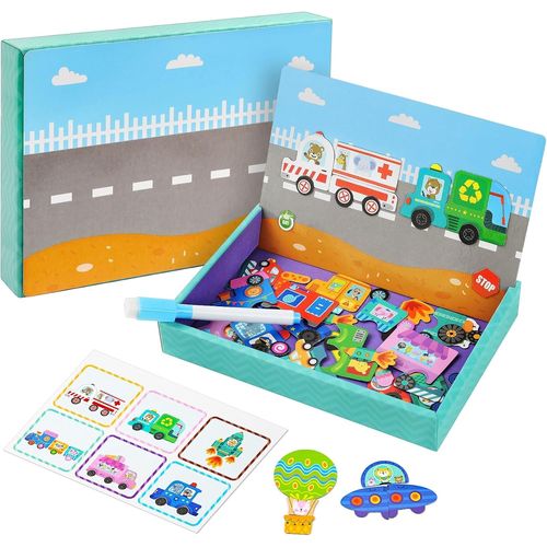 ERYI-Puzzles En Magnétique,Jouet Puzzle En Magnétique Pour Enfants,Tableau Double Face Aimanté, Puzzles En Magnétique,Jeu De Puzzle Interactif Pour Fille Garçon 3 4 5 Ans(Transport)