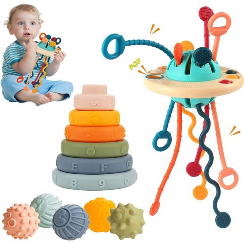 ERYI-Jouets Montessori De 3 En 1, Cube De Motricité Stem Multi-Sensoriel Jeu Éducatif Pour Bébé 1 2 3 Ans, Jeu De Corde À Tirer En Silicone+Forme Assortie Jouets Empilables+Boules En Silicones