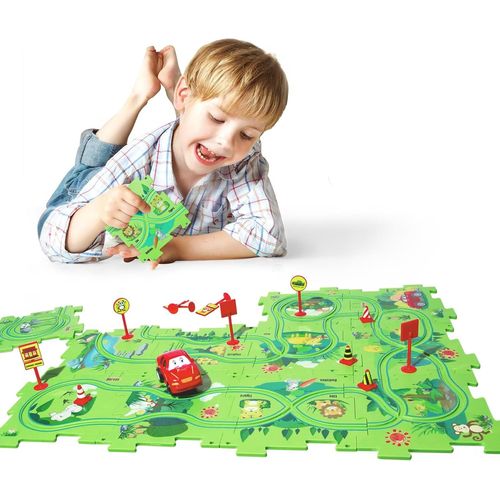 ERYI-Plastique Jouet De Piste Puzzle Ensemble De Jeu Pour Enfants 3-6 Rail Voiture Puzzle Piste Avec Véhicule De Circuit Voiture Pour Garçons Filles 3 4 5 6 Éducatif Montessori Jouet Cadeau