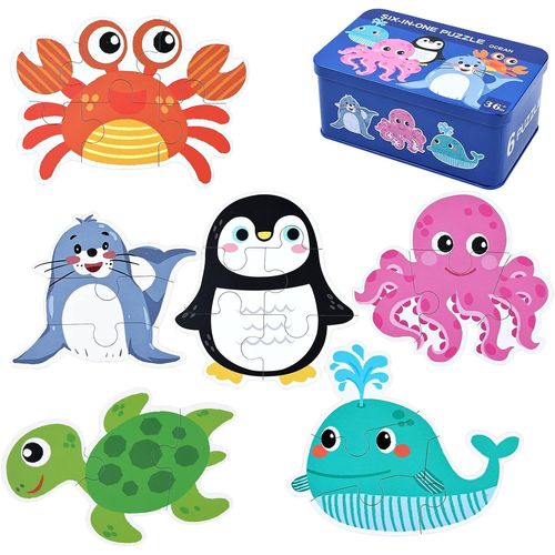 ERYI-Puzzle Enfant 2 3 4 Ans - 6 En 1 Puzzles En Bois Personnalisé Avec Boîte, Jouet Éducatif Montessori Apprentissage Cognitif, Drôl Jeux Cadeau Anniversaire Fille Garçon Bebe (Animaux Marins)