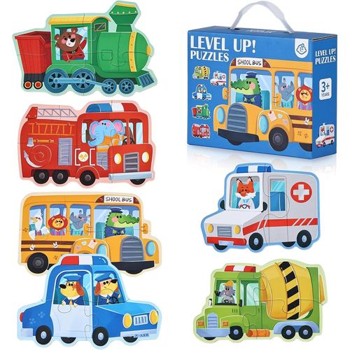 ERYI-Puzzle Enfant 2 3 4 Ans - 6 En 1 Puzzles En Bois Personnalisé Avec Boîte, Jouet Éducatif Montessori Apprentissage Cognitif, Drôle Jeux Cadeau Anniversaire Bebe Fille Garçon (Transport)