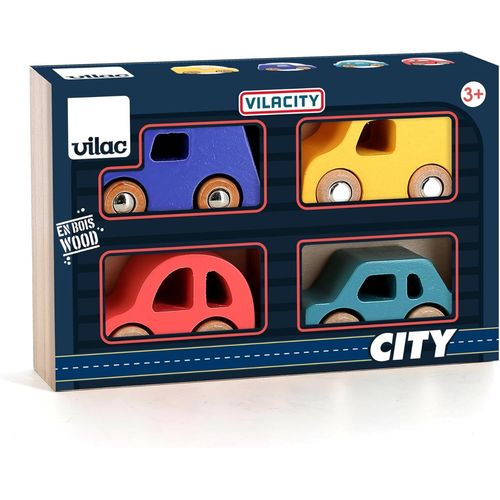 ERYI-- Coffret De 4 Voitures City - Voiture Et Garage En Bois - 4 Voitures En Bois Modèle City - Jeux D'Eveil Pour Enfant En Bois - Jouet Pour Enfant Dès 3 Ans - 2370
