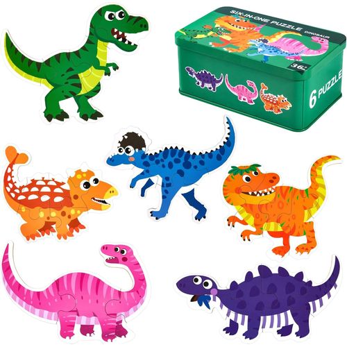 ERYI-Puzzles En Bois, 6 Pack Dinosaure Jouet Puzzle Pour Enfants, Jouets Montessori, Jigsaw Puzzle Éducatif Avec Stockage, Jeu Apprentissage Toys Parfait Pour Tout-Petits Garçons Filles De 3 Ans +