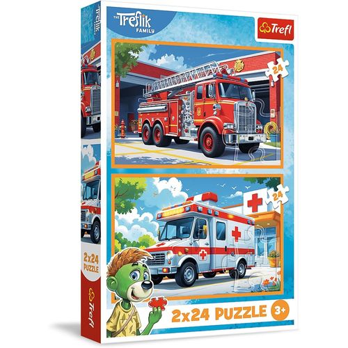ERYI-- Puzzle 2 En 1 : The Ik Family, Les Pompiers Et L'Ambulance - 2 X 24 Pièces, Ensemble De Deux Puzzles Pour Les Enfants À Partir De 3 Ans
