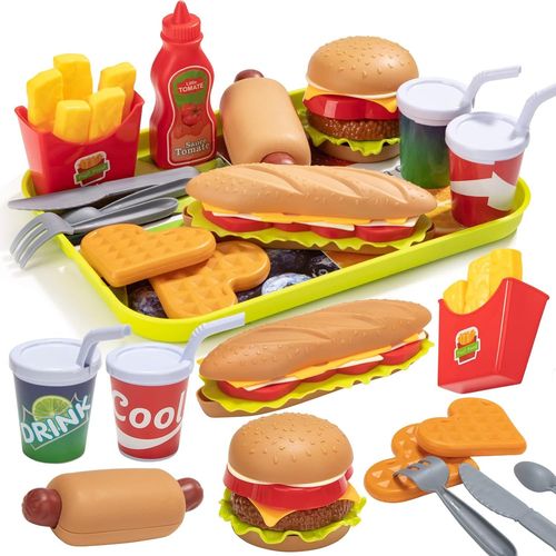 ERYI-Dinette Enfant Jouet Aliment Cuisine Hamburger, Avec Plateau Frites Hot-Dogs, Jeux D'Imitation Éducatif Cadeau Anniversaire Pour Fille Garçon 3 4 5 Ans