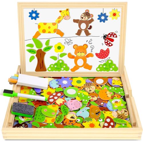 ERYI-Puzzles En Bois Magnétique, 100+ Pièces Motif Animal Jigsaw Avec Tableau Noir De Chevalet À Double Face Jouets Cadeaux De Pâques Educatif Pour Bambin Enfants Fille 3+ Ans