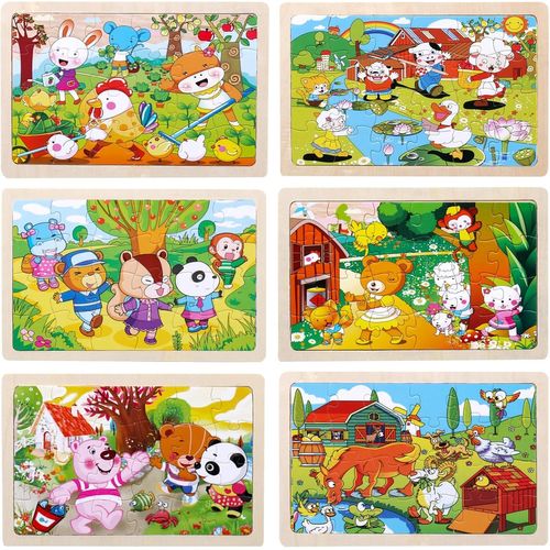 ERYI-Lot De 6X24 Pièces Jouet Puzzle Jeux Dinosaure Ferme Animaux Monde Marin Jouet Educatif Préscolaire Puzzle En Bois, Jouets Cadeaux Pour Enfants De 3 À 8 Ans Garçons Filles