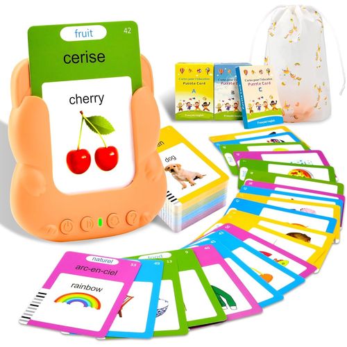 ERYI-510 Cartes Flash Parlantes Pour Enfants, Mot Ami Jeux Français De 3 À 6 Ans Avec De La Musique, Jeux Educatif 3 Ans, Jouets Préscolaires Pour Écouter Et Apprendre Orange (Français/Anglais/Biling