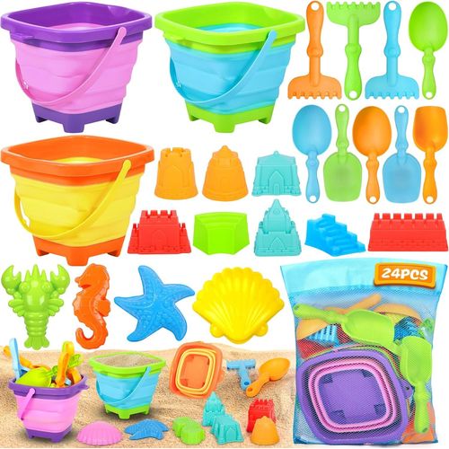 ERYI-24 Pièces Jouets De Sable Enfants Avec Seau De Plage Pliable, Sac En Filet, Pelle Plage, Moules À Sable, Jouets De Plage Pour 2 3 4 5 6 An, Cadeau Pour Fille Et Garçon