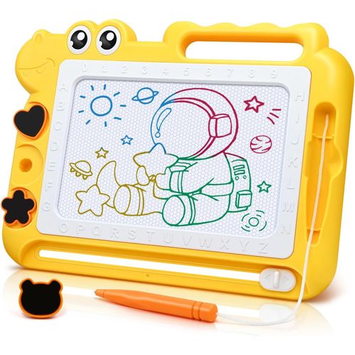 ERYI-Dinosaure Ardoise Magique Jouet Enfant 2 3 4 Ans, Ardoise De Gribouillage Magnétique Effaçablem Jeu Educatif Cadeau 2-5 Ans Filles Garçons, 4 Zones De Couleur 3 Tampons 1 Stylo, Jaune