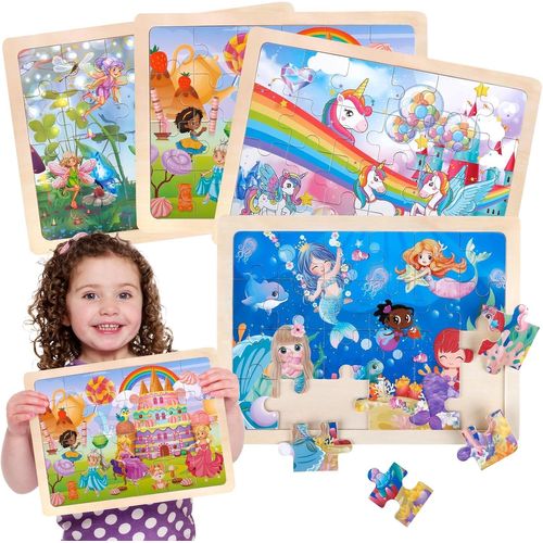 ERYI-Lot De 4 Puzzles En Bois Enfant 24 Pièces - La Licorne, Sirène, Princesse, Fée - Jouets Montessori Éducatifs 3-6 Ans - Cadeau Pour Fille