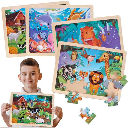 ERYI-Puzzles En Bois Enfant 3 4 5 Ans, Lot De 4X24 Pièces Jouet Puzzle Jeux Dinosaure Ferme Animaux Monde Marin, Jeux Montessori Éducatif Jigsaw Puzzle Jouet En Bois Pour Garçons Filles De 3 Ans +
