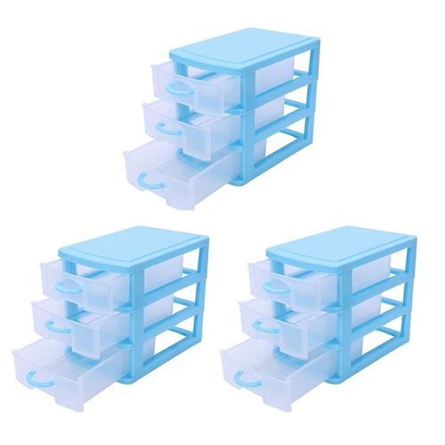 3X Mini Boîte de Rangement En Plastique de Type Tiroir Translucide (Bleu 3 Couches)
