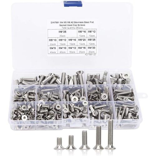 CHECARZHN--NO1-260Pcs Vis À Tête Fraisée, M4/M5/M6 Vis À Tête Plate À Six Pans Creux Vis À Tête Fraisée En Acier Inoxydable 304 À Six Pans Creux Pour L'Industrie Électronique