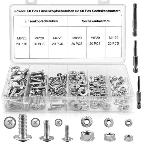 CHECARZHN--NO1-Lot De 60 Vis À Tête Bombée M4/M6/M8, 60 Écrous Autobloquants M4/M6/M8 Avec 3 Six Pans Creux Et Boîte En Plastique, Pour Petit Projet De Bricolage, Grand Projet De Construction