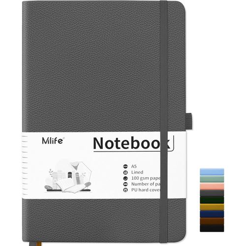 Carnet De Notes Ligné A5 200 Pages,Pu Hard Cover Notebook Avec Papier Épais De Qualité Supérieure 100 G/M²,Bloc-Notes Pour La Planification, L'agenda Et La Prise De Notes.(Gris)
