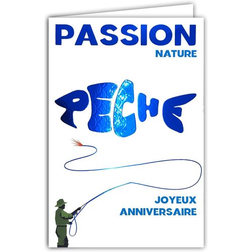 Carte ANNIVERSAIRE +Enveloppe 12x17,5cm Mot Pêche Bleu Brillant en forme de Silhouette de Poisson pour Pêcheur à la Ligne Mouche Eau Douce Rivière - Création Impression Fabrication Française