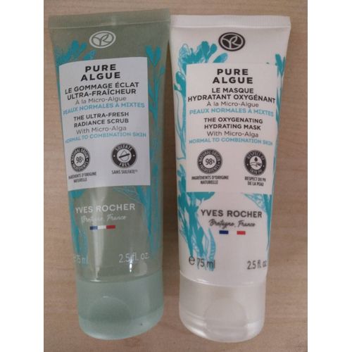 Lot Gommage + Masque Visage Hydra-Végétal Yves Rocher Micro Algues Régénération Hydratant Peaux Normales Et Mixtes, Tubes 75ml+75ml 