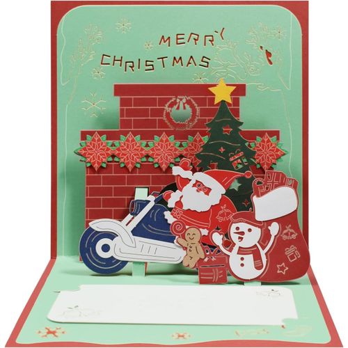 Carte de v?ux pop-up 3D au design festif avec sapin de Noël, Père Noël sur moto, bonhomme de neige et bonhomme en pain d'épice - Parfait pour répandre l'esprit de vacances