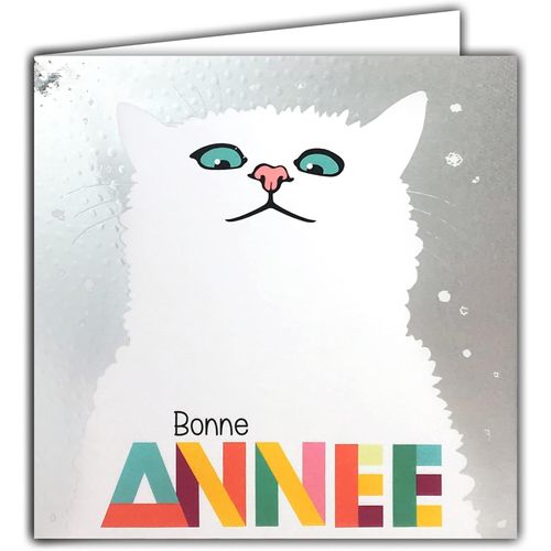 Carte Carrée Argentée Brillante Bonne Année Meilleurs V?Ux Chat Blanc Neige Flocons Fêtes De Fin D'année - Avec Enveloppe Blanche