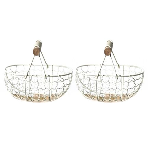 4X Poignée En Bois Métal Rétro Panier Portable Multifonctionnel Légumes Fruits Oeufs épicerie Pratique Rangement Panier Organisateur Blanc
