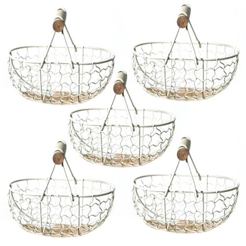 5X Poignée en Bois Métal Rétro Panier Légumes Fruits Oeufs épicerie Pratique Rangement Panier Blanc