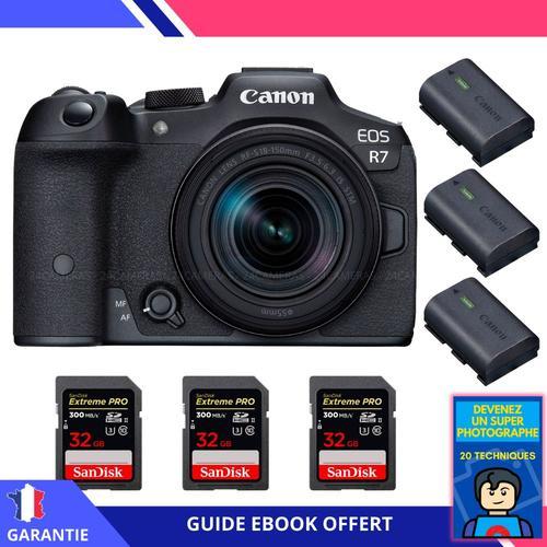 Canon EOS R7 + RF-S 18-150mm STM + 3 SanDisk 32GB Extreme PRO UHS-II SDXC 300 MB/s + 3 Canon LP-E6NH + Ebook 'Devenez Un Super Photographe' - Hybride Canon
