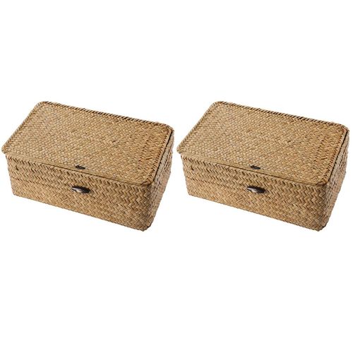 2X Seagrass Boîte de Rangement Tissée à Une Main Boîte de Rangement Panier de Rangement Organisateur de Maquillage Conteneur Polyvalent avec Couvercle