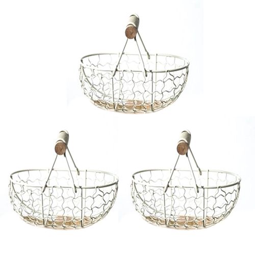 3X Poignée En Bois MéTal Panier Portable Multifonctionnel Légumes Fruits Oeufs épicerie Pratique Rangement Panier Blanc