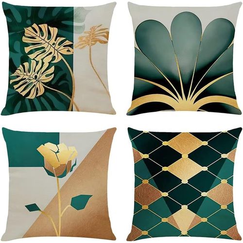 Lot De 4 Housses De Coussin (Sans Taie D'oreiller) 45 X 45 Cm Lin - Or/Vert - Ginkgo - Style Maison De Campagne - Naturel - Coussins De Canapé Modernes