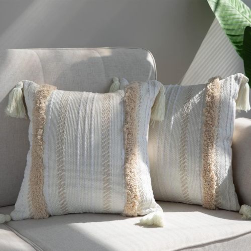 Beige Set Of 2 (Without Pillow Insert) Bohemian Cushion Cover, Decorative Soft Pillow Cover 45x45cm, Home Decor Cushion Cover With Tufted Tassels For Sofa Bed Chair Bedroom Living Room.