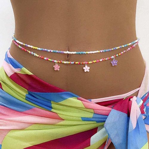 1 Chaîne Pendentif Fleur Taille Perles De Riz Colorées Corps Chaîne De Plage D'été Accessoires Fantaisie Femmes Et Filles Bijoux