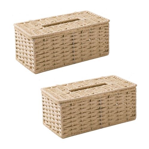2X BoîTe à Mouchoirs en Rotin, Porte-Serviettes Vintage, Housse de Conteneur de Rangement Encombrement de Cas, DéCoration de Bureau de Salon (Beige)