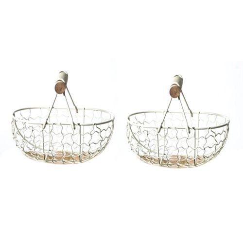 2X PoignéE en Bois MéTal RéTro Panier Multifonctionnel LéGumes Fruits Oeufs éPicerie Pratique Rangement Panier Blanc