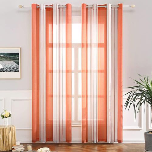 Lot De 2 Rideaux Oeillet Voilage Moustiquaire Broderie D'impression De Rayure En Polyester Rideaux De Fenêtre Décoratives Pour Salon Chambre Toilettes Orange+ Blanc 140x225 Cm