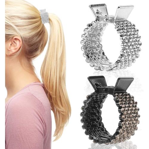 2 Pcs Noir+Argent Rhinestone Hair Clip - Ponytail Buckle Hair Clip Nonslip Metal High Ponytail Claw Clip, Strong Hold For Thick Hair - Accessoires De Mode Pour Femmes Et Filles