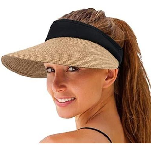 Chapeau De Pare-Soleil En Paille Pour Femme À Large Bord Été Visière Anti-Uv Pare-Soleil En Plein Air Bonnet Chapeau De Soleil Voyage Cyclisme Plage Chapeau